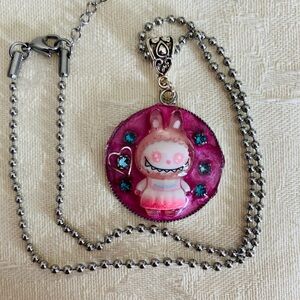 Handmade Kawaii “Labubu” Bunny Pendant Necklace with Ball Chain/Extender Pink